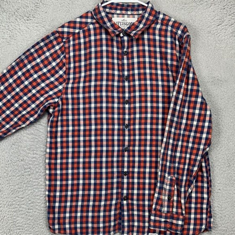 Life Is Good Button Up Shirt Men Large Orange Blue Plaid Classic Fit Long Sleeve